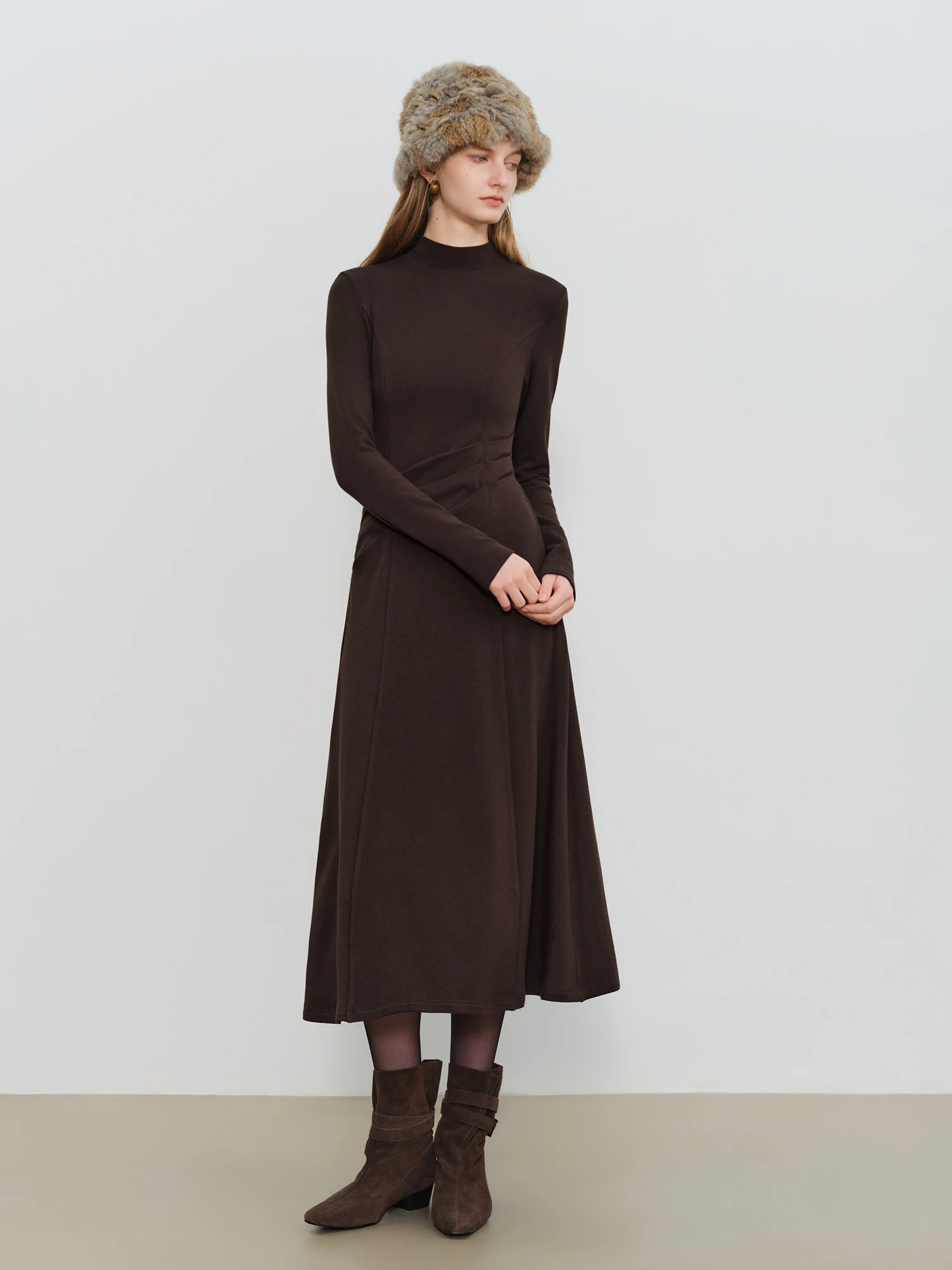 ZIQIAO 2025秋冬 レディース ウエストマーク マキシ丈ワンピース - クラシックブラック タイムレスシルエット 美しいフィット感 オフィス エレガント