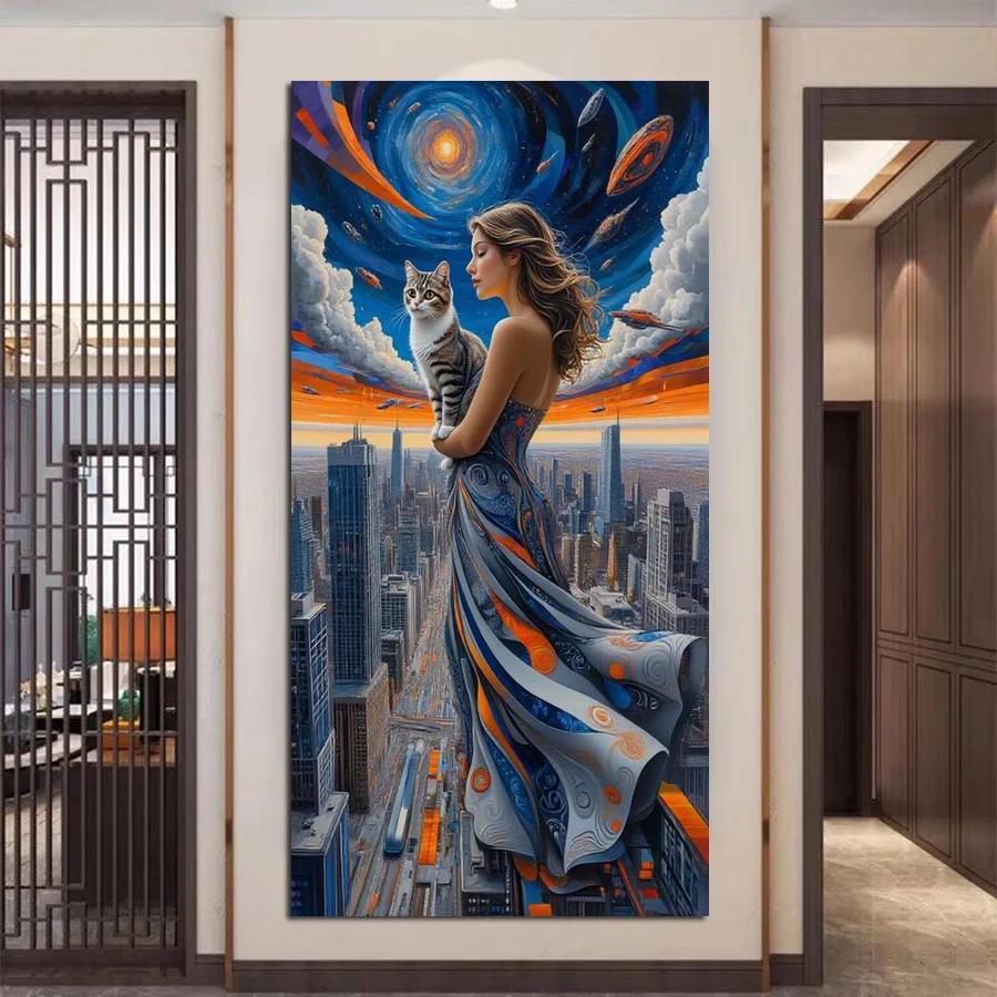 

Картина «Женщина и кошка», большой размер, сделай сам, алмазная живопись, фэнтезийный городской пейзаж, полная квадратная круглая дрель, наборы для вышивания мозаикой