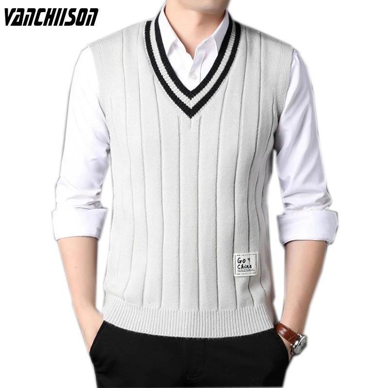 

Мужской брендовый трикотажный джемпер в полоску 3D, повседневный базовый свитер, пуловер без рукавов для молодых на осень и зиму, Модный с V-образным вырезом 00007