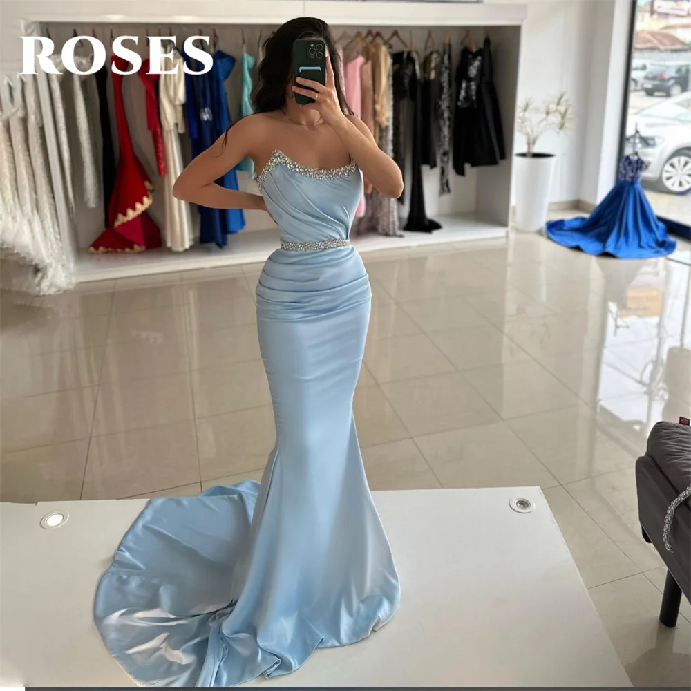 Rosen Himmelblau Abendkleid Schaufel Meerjungfrau Party kleid mit Falten Satin Vestido de Novia sexy Kristall Ballkleid versand kostenfrei