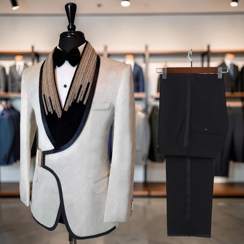 

Beaded Floral Men Suits for Prom Party with Button Slim Fit 2 Pieces Wedding Tuxedo for Groomsmen Custom Made Male Fashion Suit