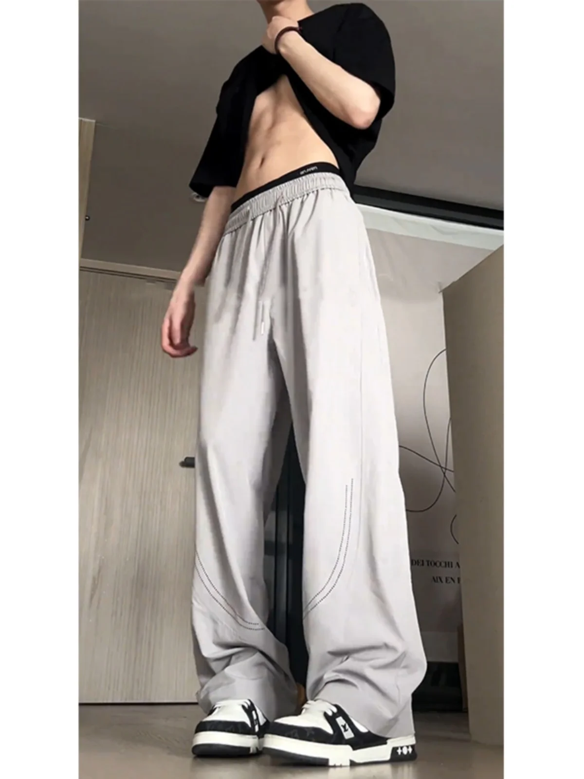 

White ey Laser Drill Ice Silk Men's Summer Casual Pants Breathable Loose Leg Thin Sle Faion Brand Streetwear