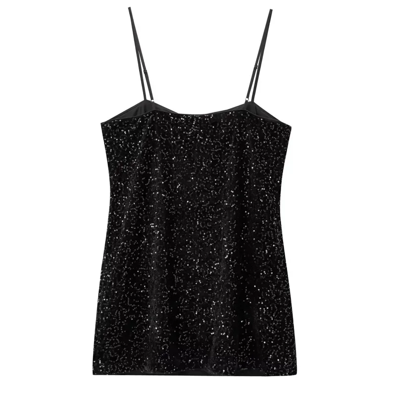 TRAF Sequins Bowชุดผู้หญิง 2024 ชุดสตรีมินิสีดําลื่นVestidosแขนกุดBacklessชุดElegant Party Dressesผู้หญิง