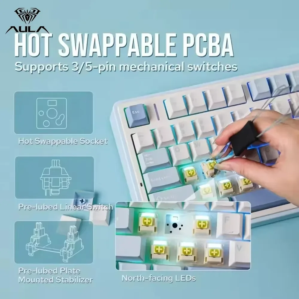 AULA F75 Keyboards Gaming Mechanical Keyboard 2.4G Wireless/Bluetooth/Wired RGB 75% Layout Gasket Structure Gaming Accessories