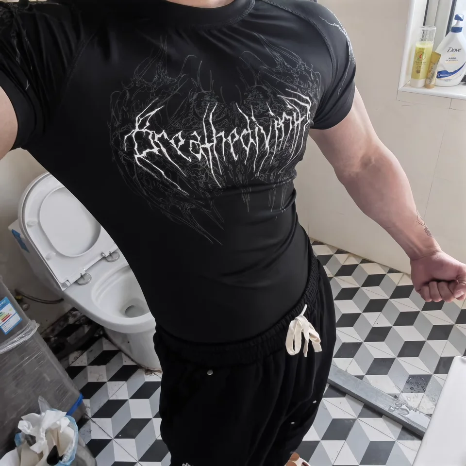 Breathedivinity Compression Shirt Short Sleeve 2025 Tops Muscle GYM Fitness in Black Body Shape Fit Reveal Figures image 4