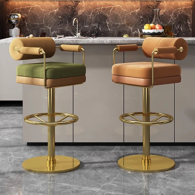 Solid wood high stool Italian cafe bar high foot rotating stool jewelry counter stainless steel bar chair high backrest