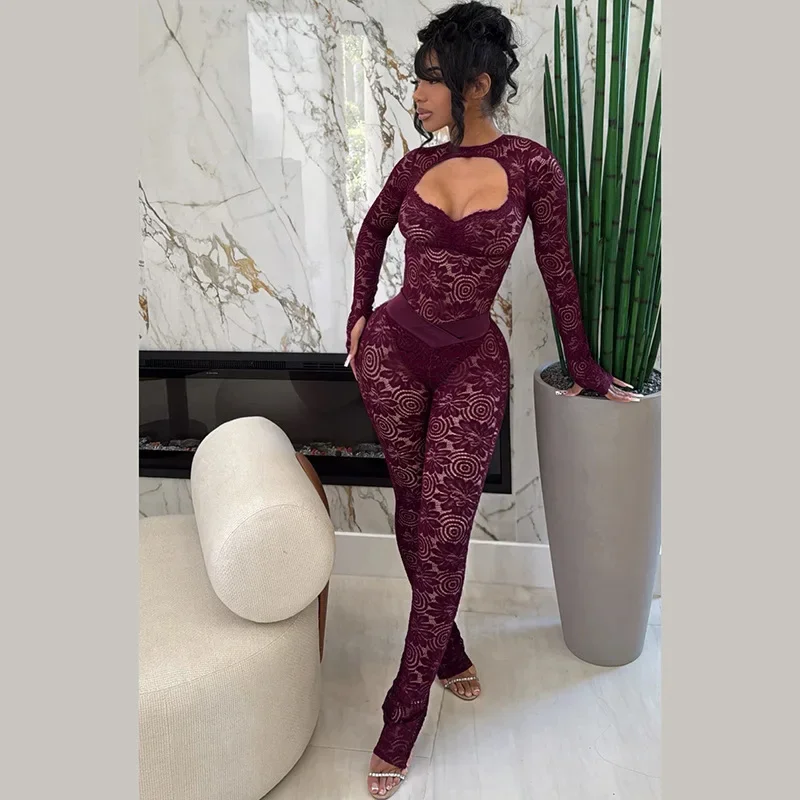 Kobiety Seksowny żakardowy koronkowy 2-częściowy zestaw z pełnym rękawem Wydrążony kombinezon bez pleców Top + Legginsy z rozcięciem Spodnie Party Clubwear Suit