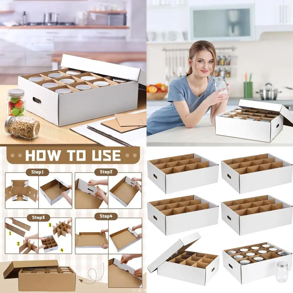 

Stackable 16 oz Mason Jar Storage Boxes with Handles, Dividers for Canning and Organization (White)