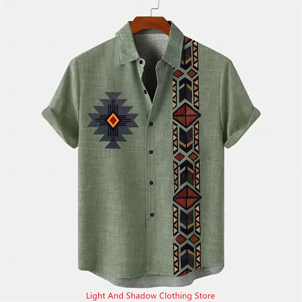 Retro Men's Ethnic Pattern Printed Short Sleeve Lapel Shirt Casual Street Fashion Button up Cardigan Breathable Linen 2025 Style