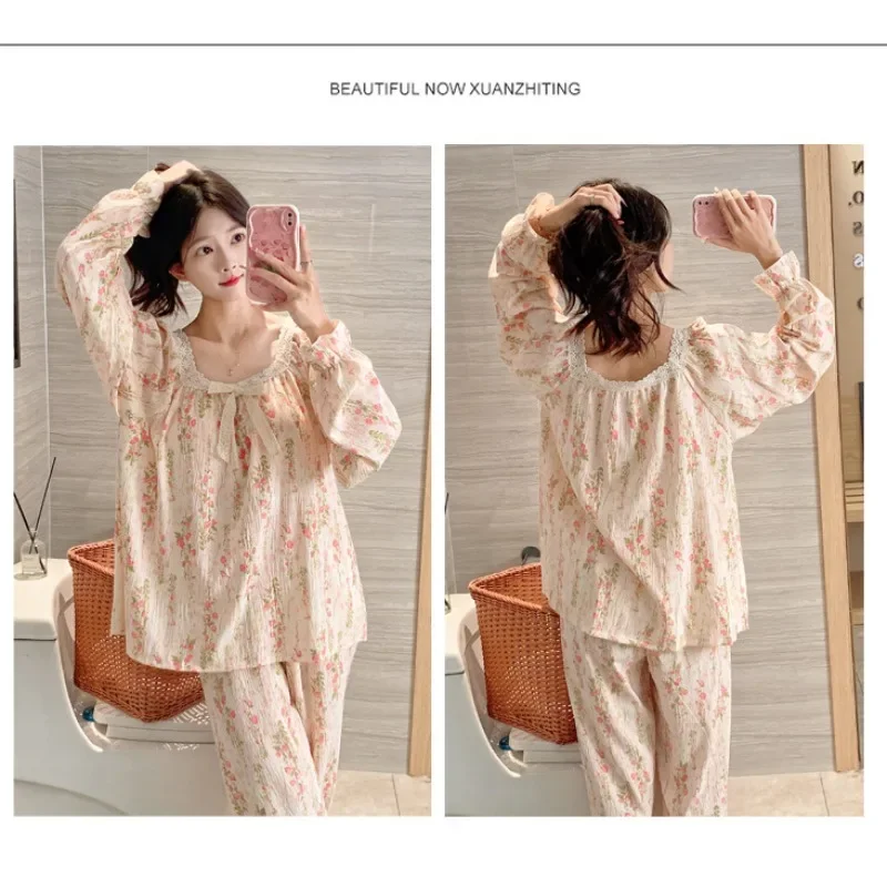 بيجامات قطنية سحابية مع وسادات صدر للنساء ، طقم بنطلون حلو بأكمام طويلة ، ملابس منزلية للربيع والخريف ، مقاس كبير ، عرض عرض فضفاض ، جديد