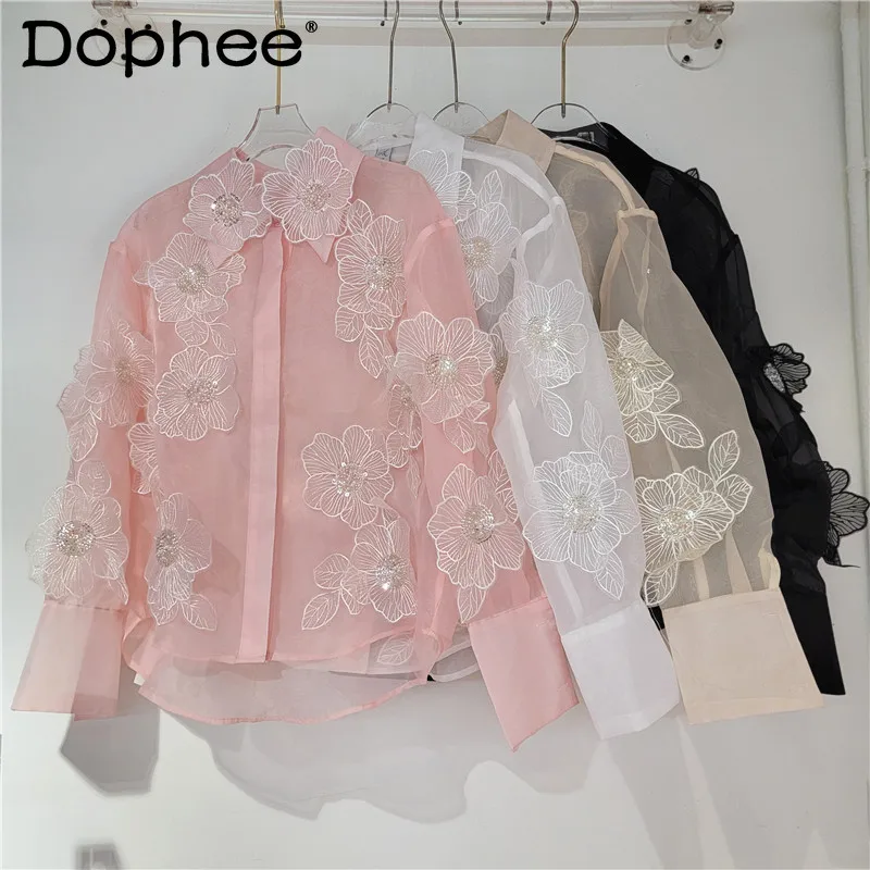 

Heavy Industry Beads Sequins Sweet Tridimensional Flower Decoration Lapel Single Breasted Slightly See-through Thin Shirt Women