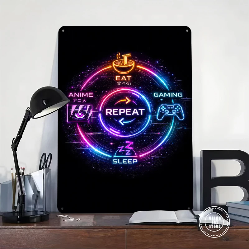 Anime Gaming Repeat Cycle Tin Poster Customized Wall Art Retro Vintage Metal Signs for Fans Room Garage Decoration At Home Decor