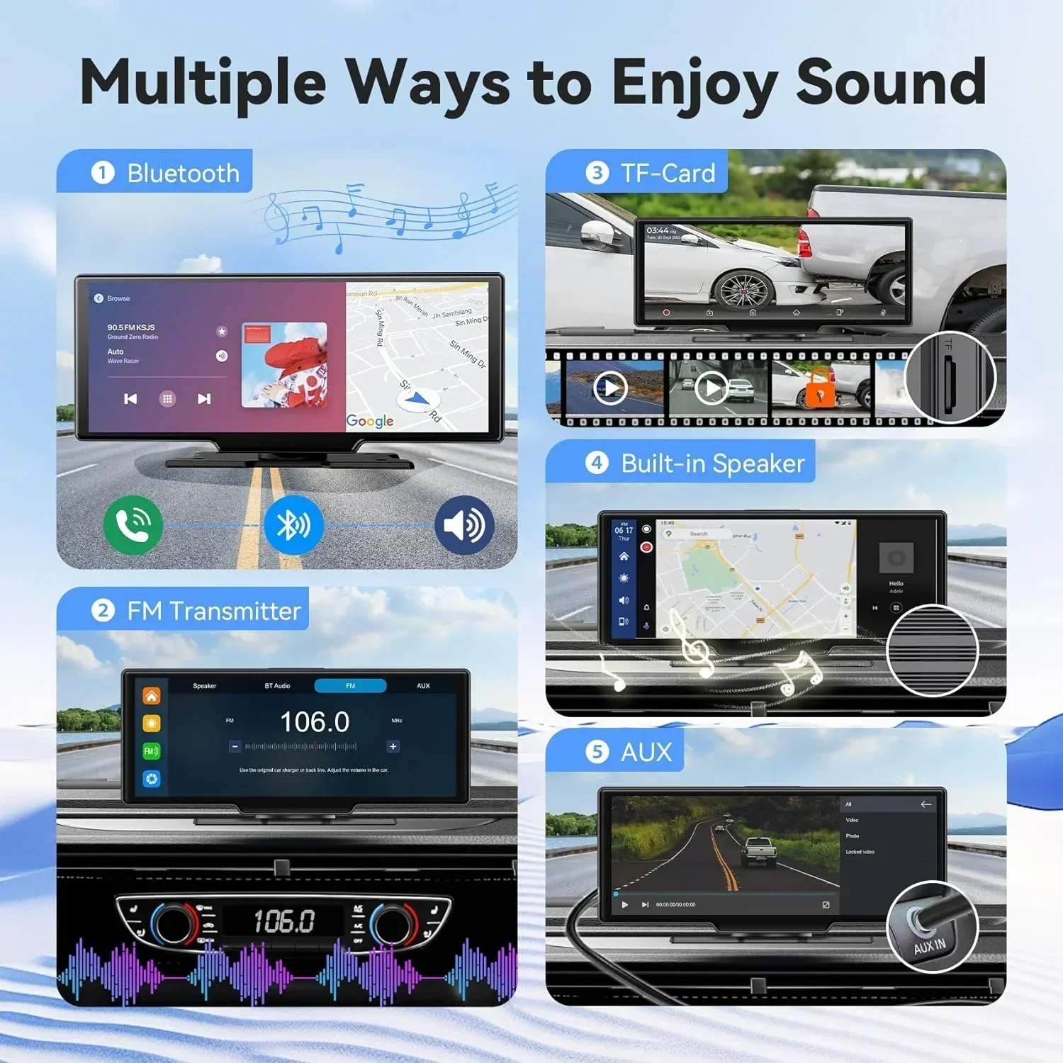 Portable 10.26'' Dash Cam Wireless CarPlay Android Auto Dashboard 4K Car DVR Dashboard Video Recorder Car Monitor GPS FM BT view 5