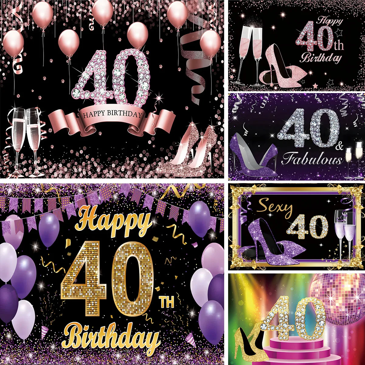 Purple 40th Backdrop For Woman Man Happy Birthday Party 40 Years Old Balloon Photography Background Lady Photocall Photo Banner