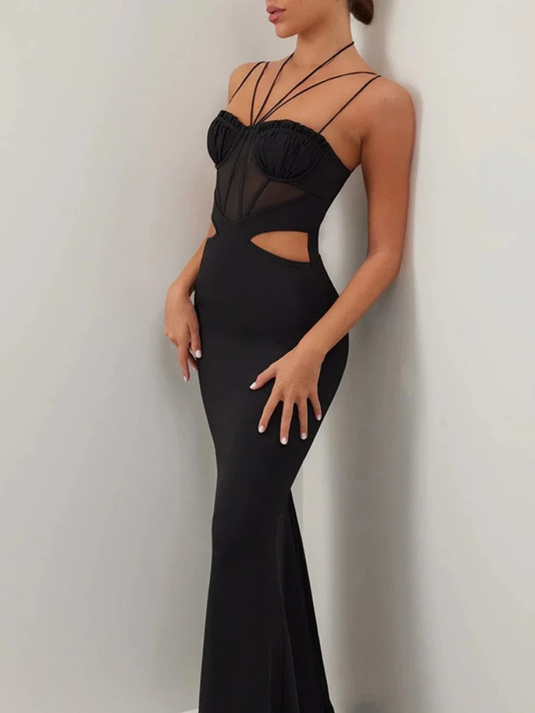 WeiYao-Sheer Mesh Patchwork Cut Suspender Vestidos para Mulheres, sem mangas Hollow Out, Elegante Vestido de Noite, Party Night Outfits, Sexy