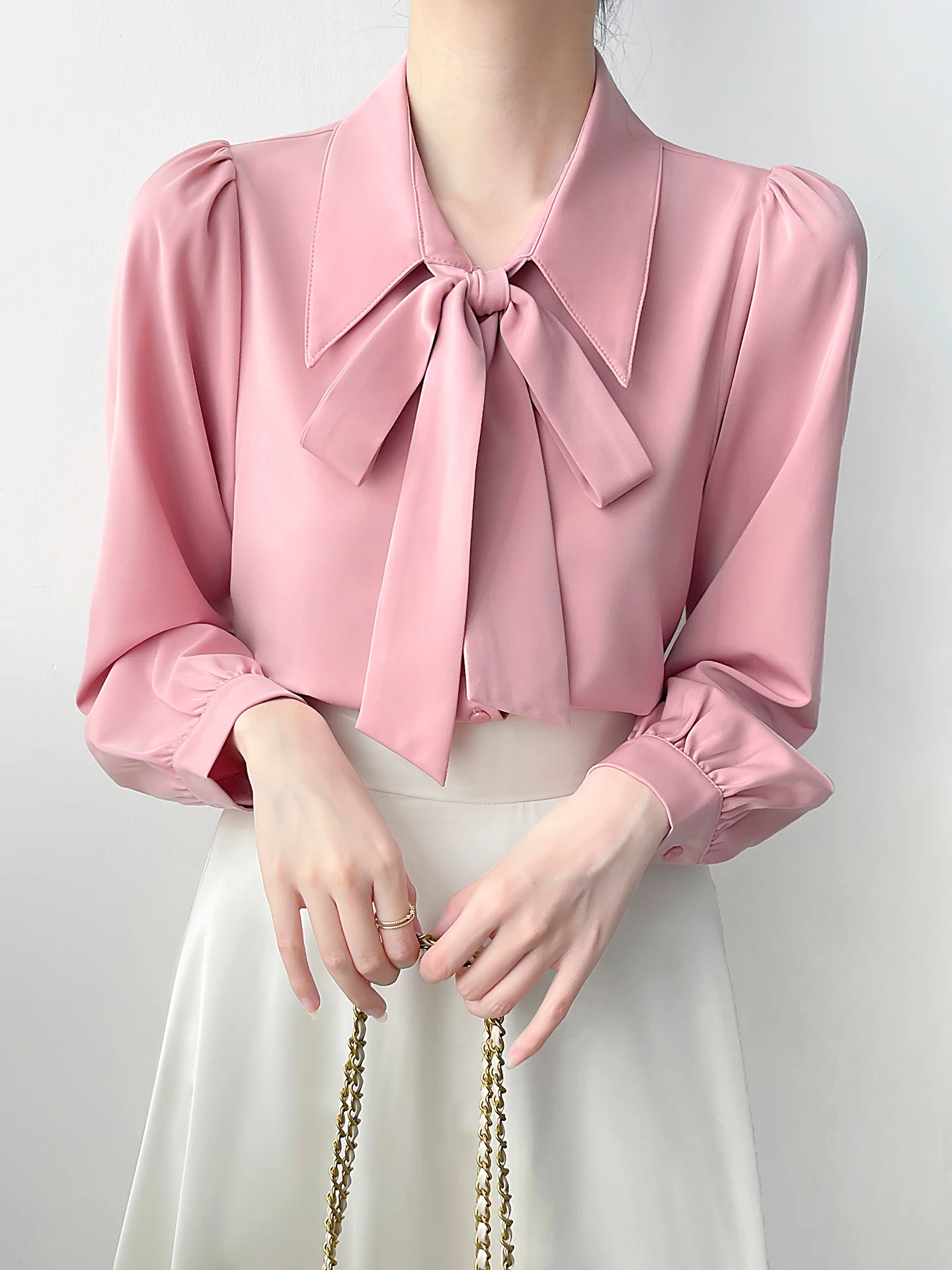 

Шикарная розовая женская блузка с длинным рукавом и узлом, омолаживающая, игривая, в корейском стиле, для повседневной носки, из полиэфирного волокна