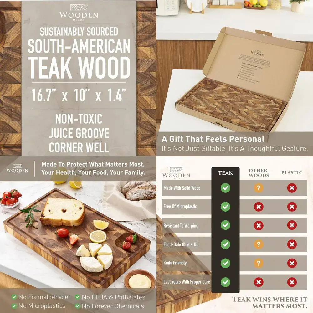 

Large Teak Butcher Block with Juice Groove & Corner Well, Charcuterie Board, Food-Safe, Gift-Ready, 16.7 x 10 x 1.4