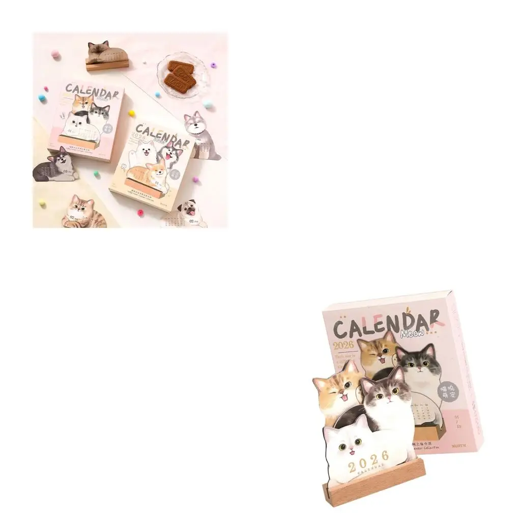 

Настольный календарь с милым щенком и котенком на деревянной основе, подарок любителям домашних животных