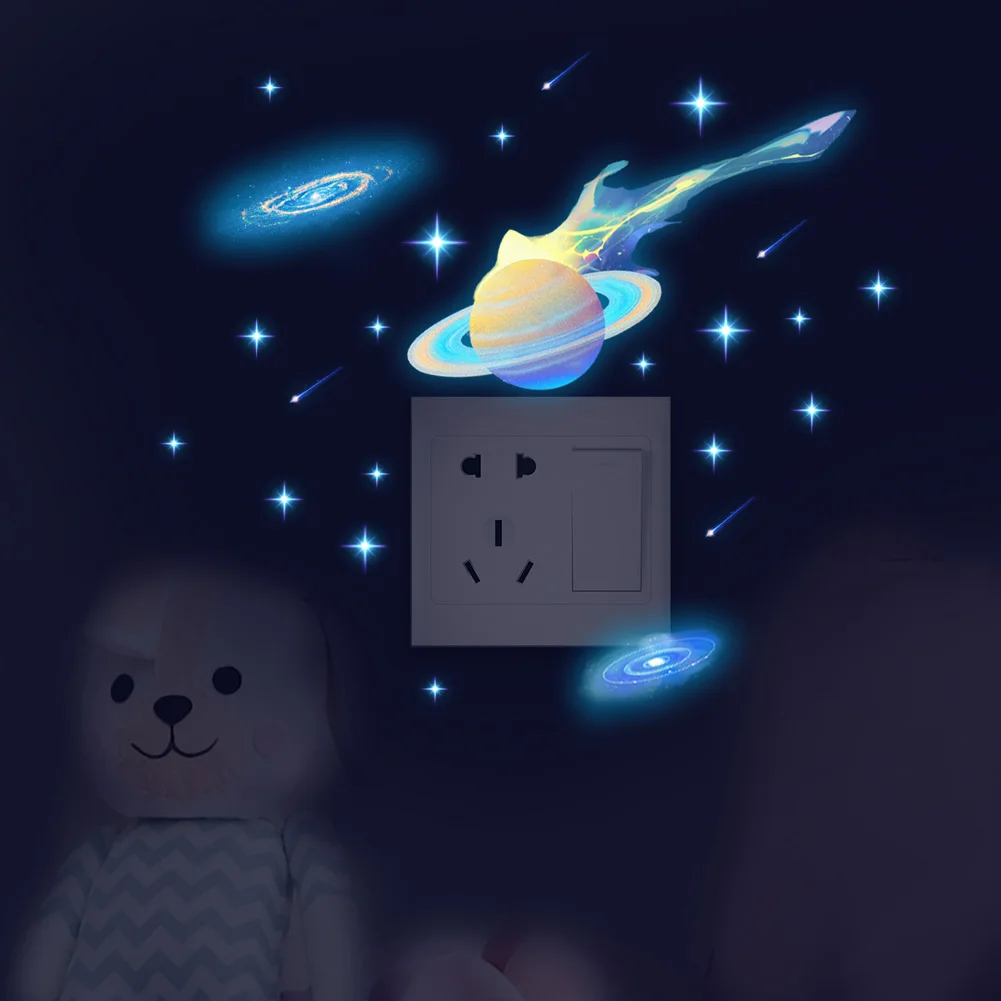Cartoon Universe Planet Luminous Wall Sticker For Kids Room Decoration Switch Decals Bedroom Decor Glow In The Dark Socket Mural