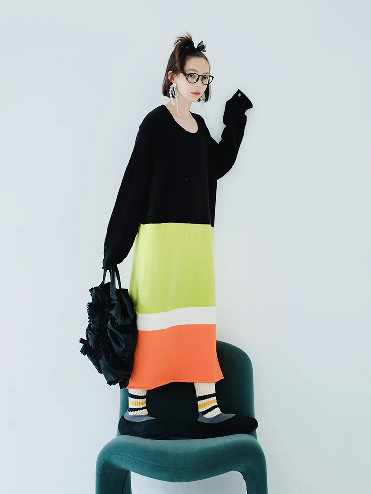 imakokoni autumn and winter stretch mohair colorblock woven dress plus size striped knitted skirt 223821