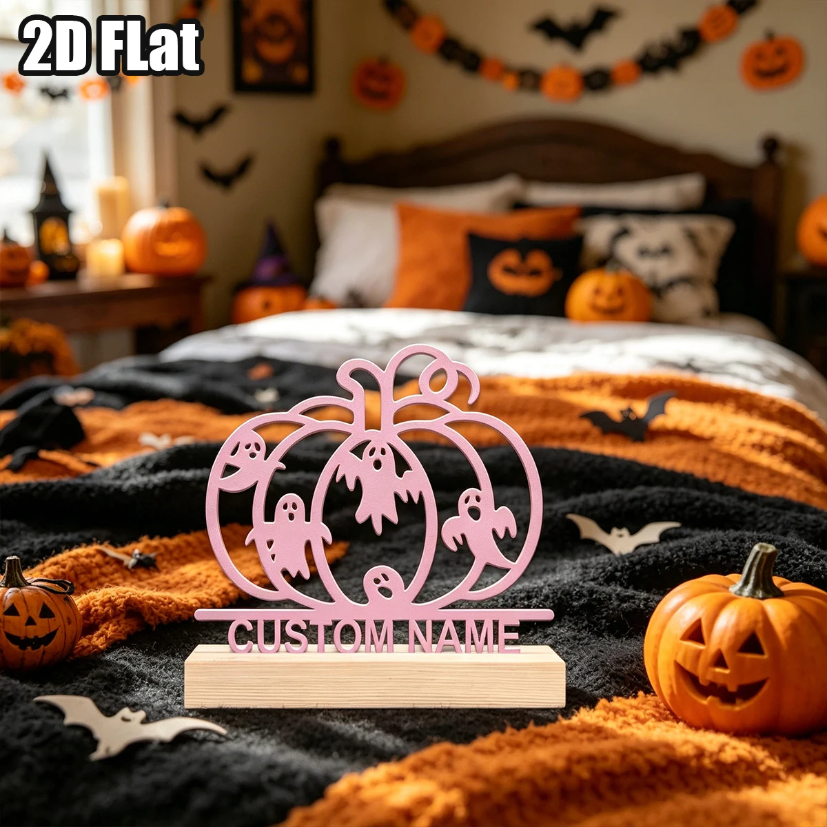 1Pc Custom Cute Ghost Wooden Base Metal Ornament,Home Room Desktop Decor,Ideal Birthday Wedding Halloween Festive Gift