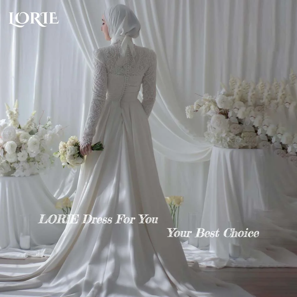 LORIE Vintage Satin Wedding Dresses High Collar Long Sleeves Button Bridal Gowns Appliques Lace Muslim Bride Dress Customized