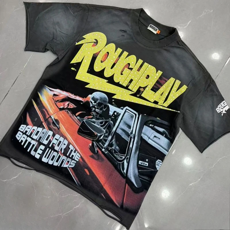 High Quality Rough Play T-shirt Retro Washed Black Round Neck Short Sleeve Men's Women's Casual Loose Tshirt