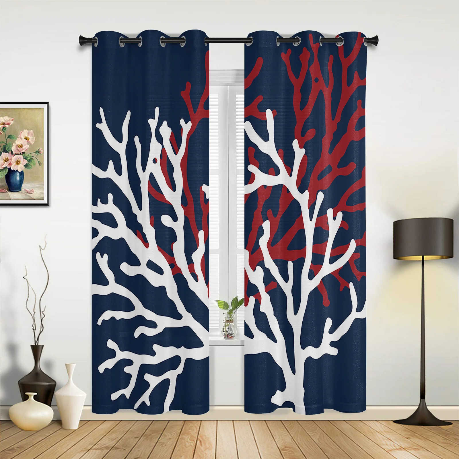 

Summer Sailing Marine Life Beach Coral Navy Blue Curtains for Bedroom Living Room Kitchen Kid's Room Window Curtain Home Decor