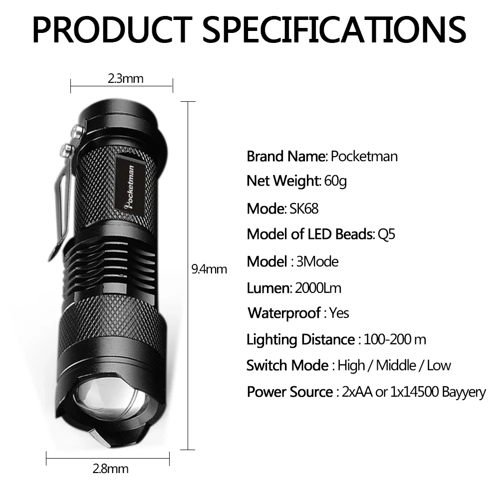 1~20Pack Q5 LED Flashlights Pocket Mini Zoomable Torch Aluminium Alloy Emergency Tactical Small Light Self-defense Super Bright