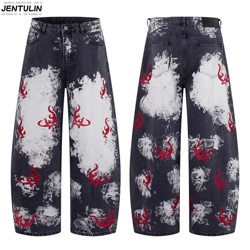 

Модные джинсы с принтом «Пламя» и эффектом потертости, черно-серые, с широкими штанинами, в уличном стиле хип-хоп, свободные прямые брюки