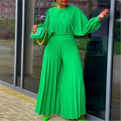 Elegant Two Piece Set Green Pants Sets For Women Fashion Batwing Sleeve O Neck Blouse & Pleated Wide Leg Pants Ladies Outfits