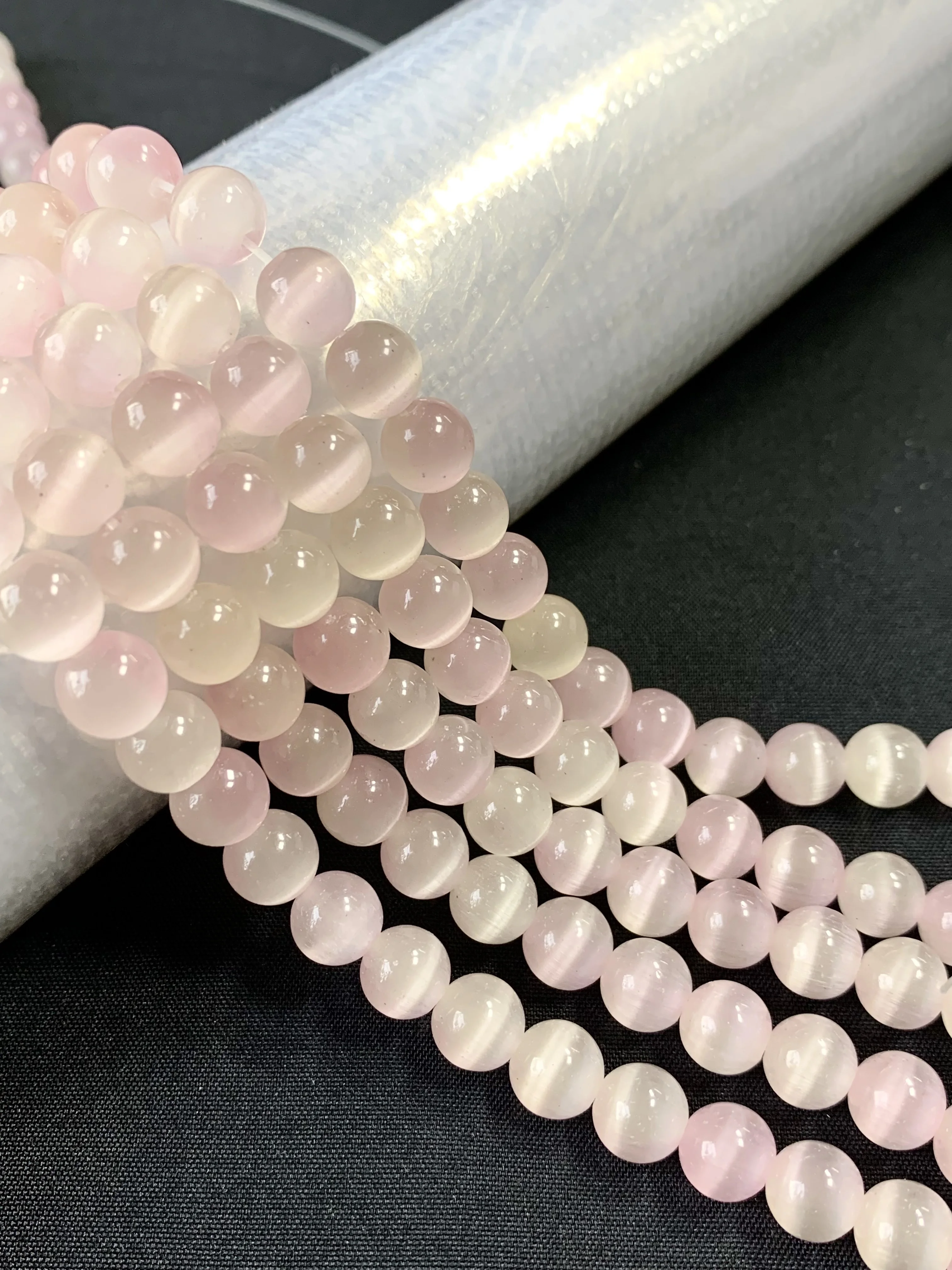 Gemstone Beads Smooth Crystal Round Glass String Loose Beads 8mm Light Pink Cat Eye Glass String for Making Bracelets Necklace