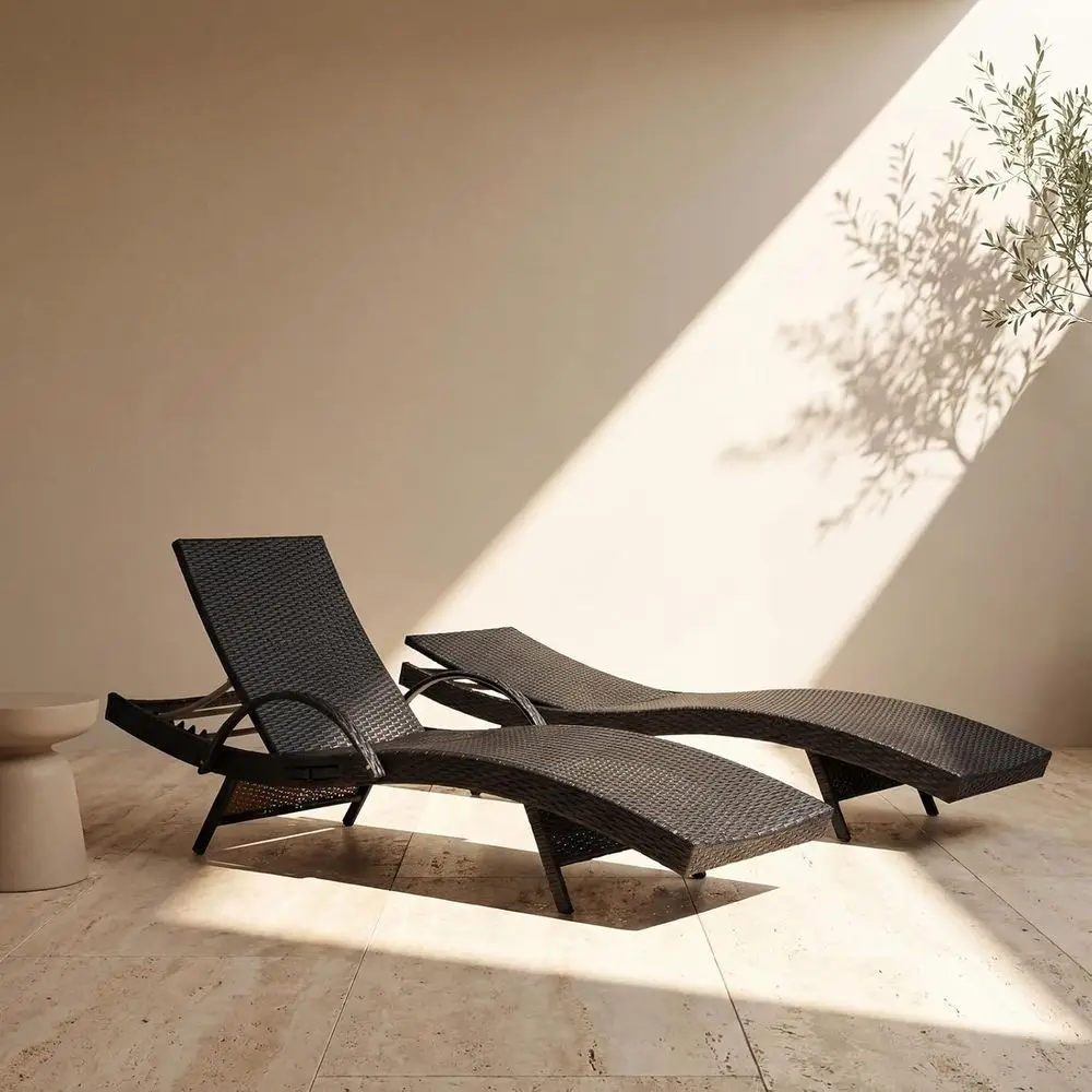 

2-Piece Set Brown Wicker Patio Lounge Chairs with Adjustable Backrest and Armrests for Poolside and Garden Use