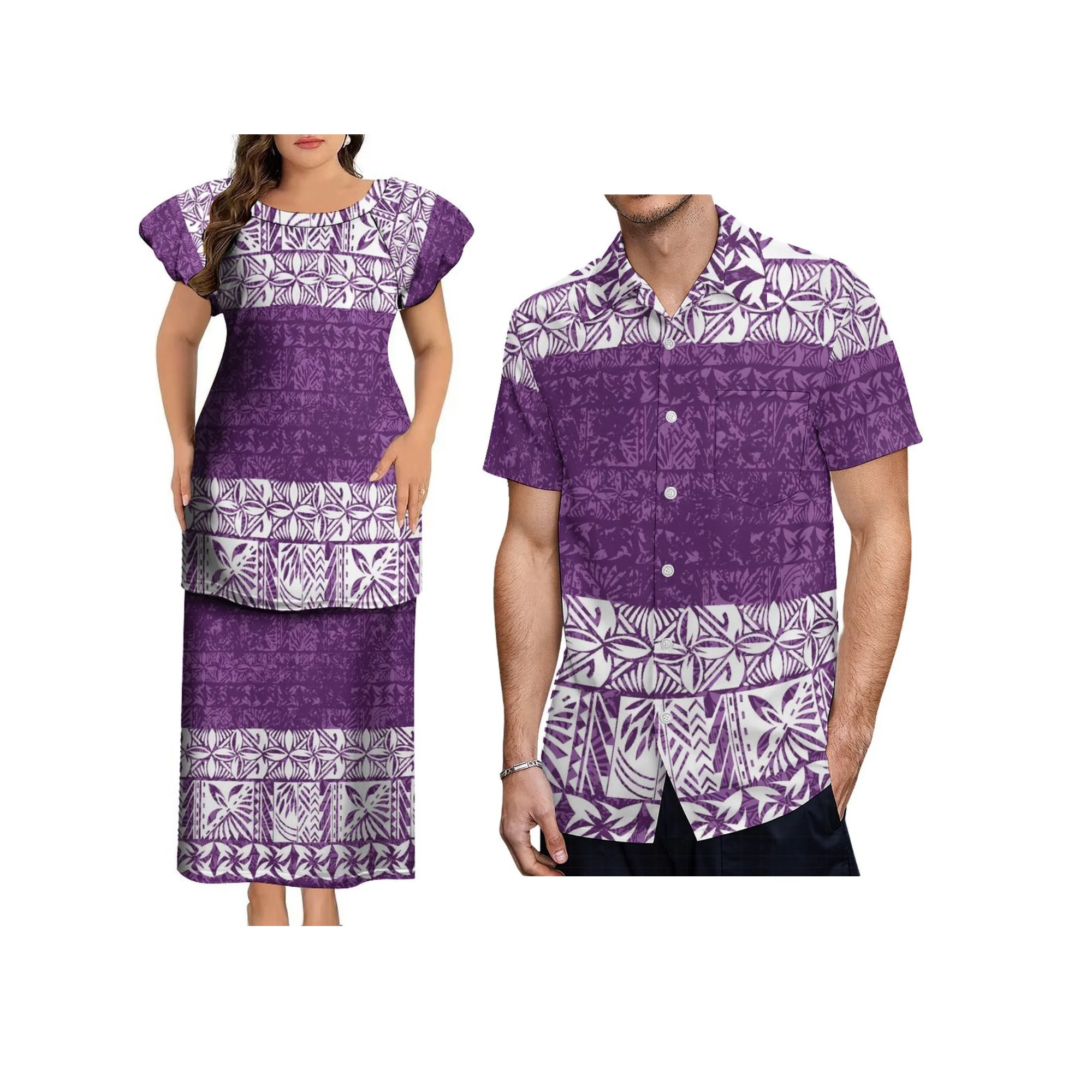 High Quality Custom Logo Women Dress Tonga Samoan Puletasi Set Crew Neck Puff Sleeve Party Dress Two Piece Set Outfits