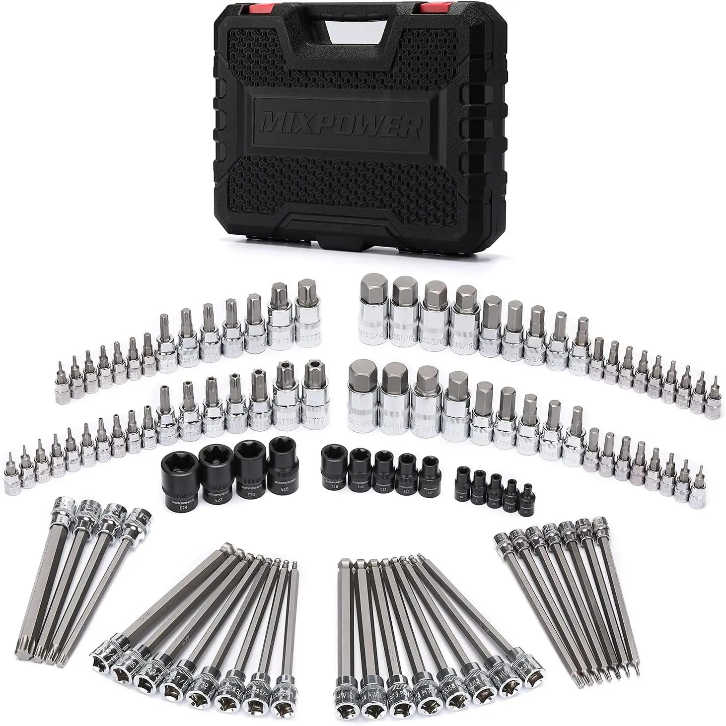 107 Piece 1/4 Inch, 3/8 Inch & 1/2 Inch Drive Bit Socket Set, Torx/Extra Long Torx/Tamper Proof Torx/Hex/Ball End Hex, SAE & Met