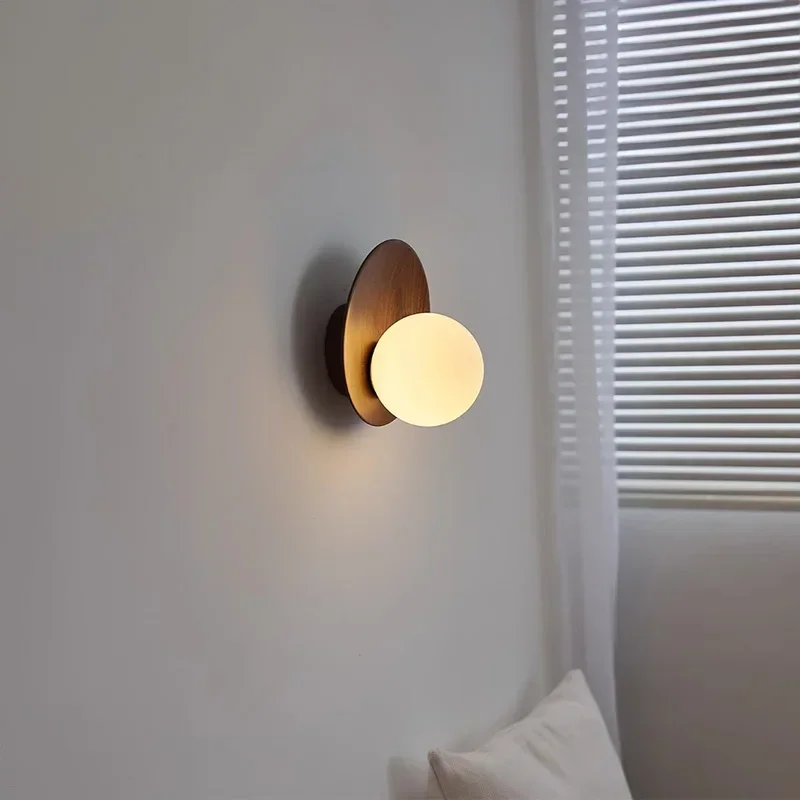 Led Walnut Wood Glass Sphere Arc Moon Modern Simple WabiSabi Vintage Wall Sconce Light for Living Bedroom Bedside Study Hallway