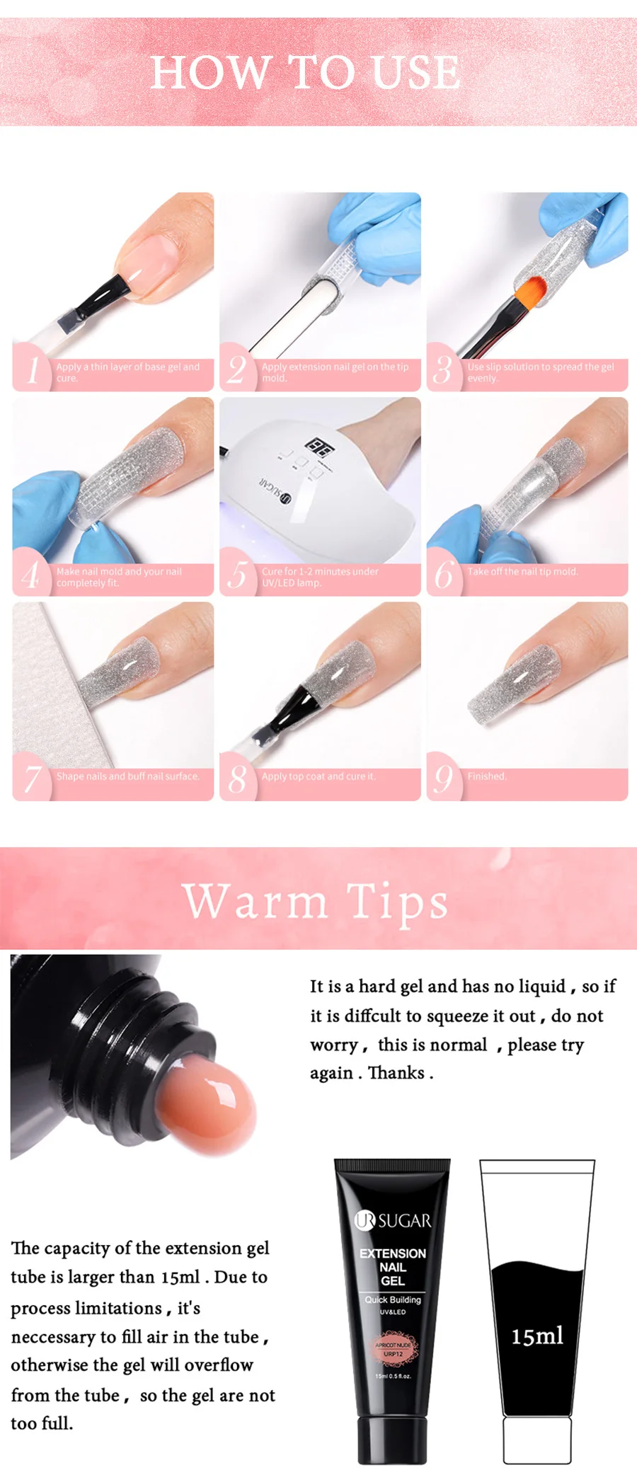 UR SUGAR 15ml Quick Extension Gel Pink White Nude Color Nail Gel Polish Semi Permanent Varnish UV LED Gel Soak Off Manicure