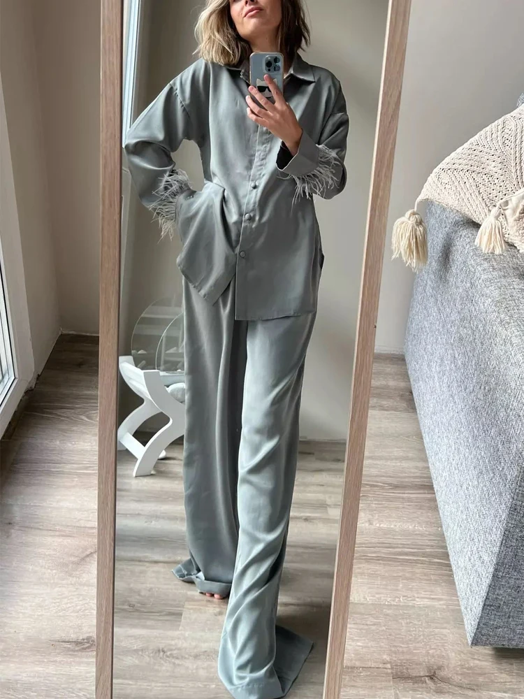 Elegant Sleepwear Pajama Pants Suit Woman 2022 Fashion Long Sleeve Feather Blouses Loose Long Pants 2 Piece Sets Womens Outfits