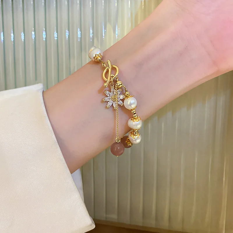 New Arrival Elegant Sunflower 14K Gold Filled Natural Freshwater Pearl & Strawberry Quartz Ladies Charm Bracelets Jewelry Gifts