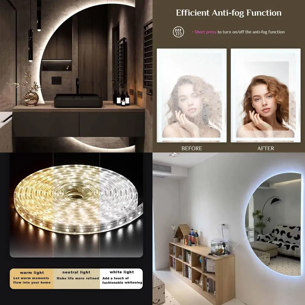 Espelho de parede de maquiagem led meio círculo 51x35 nevoeiro livre iluminado espelho do banheiro grande meia lua 47 com luzes entrada comprimento total mi