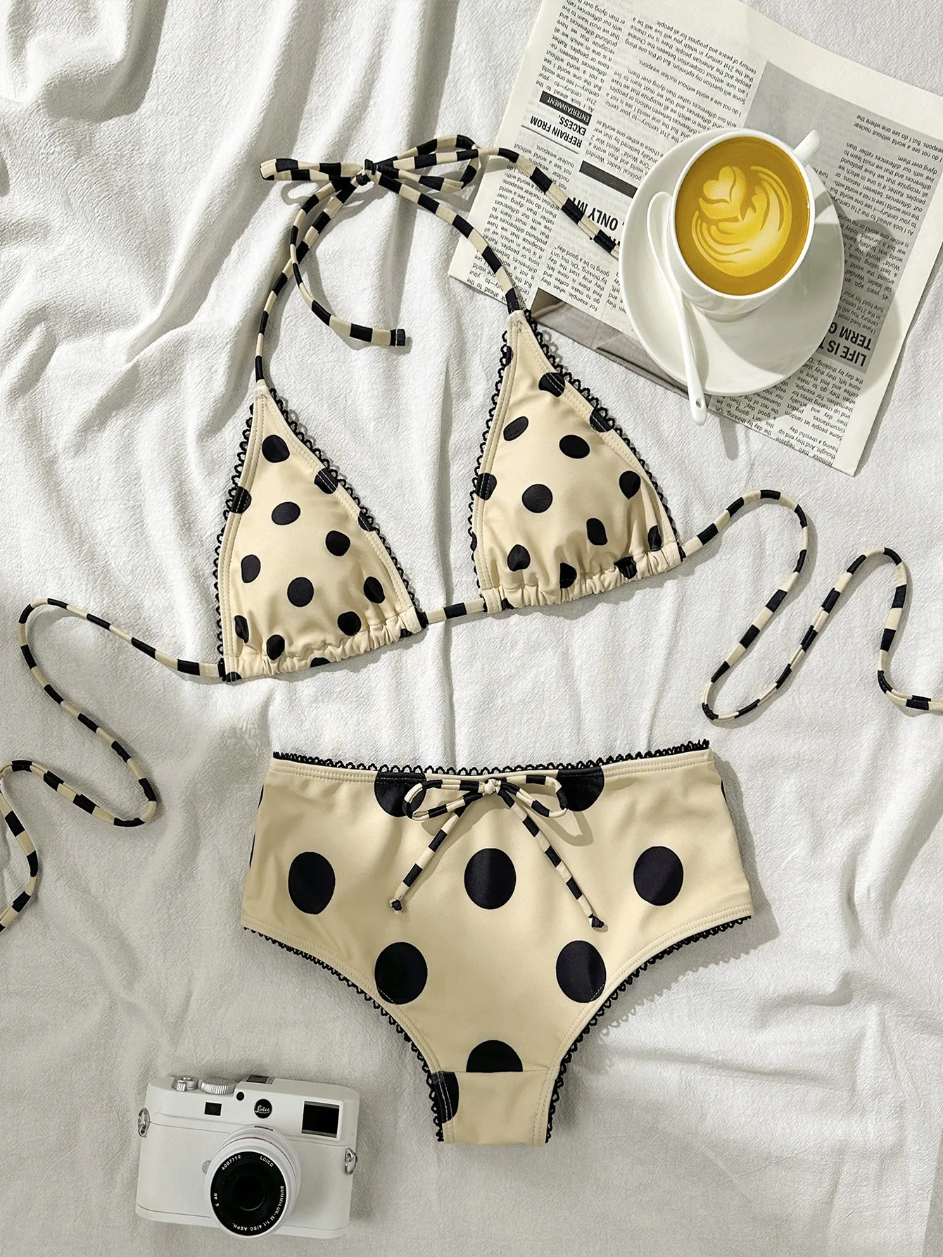 

Новинка лета 2026: Модный купальник в горошек бежевого цвета, сексуальный, с завязками на шее, пляжное бикини, одежда для вечеринок и отпуска в стиле Y2K