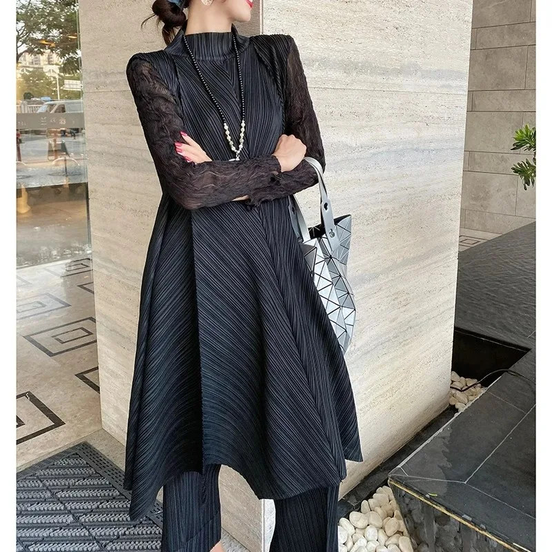 Miyake Set Women\'s Pants Two Piece Set 2023 Autumn/Winter New Loose Casual Set Lace Fashion Long Skirt Top Pencil Pants