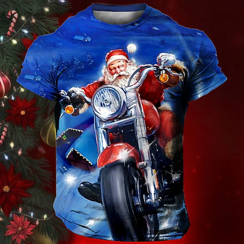 

Biker Santa Claus Printed Fashion Casual Top Men's 3D T Shirt Street Short Sleeve Round Neck Shirt 2025 New Year's Party Costume
