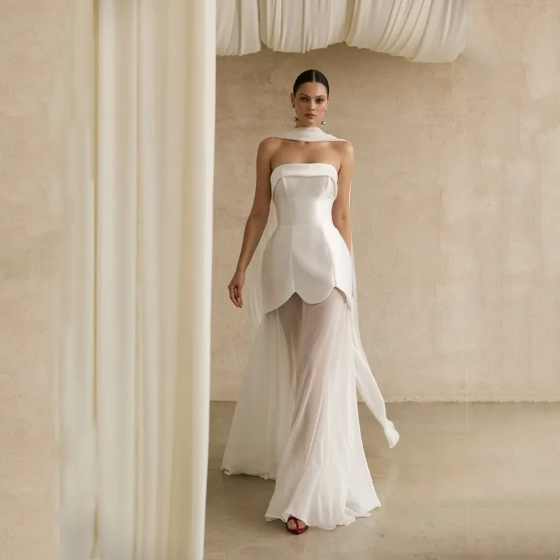 

Classic Satin Sheath Wedding Dress For Woman Sexy Strapless Sleeveless Pleat Backless Illusion Chiffon Floor-Length Customized
