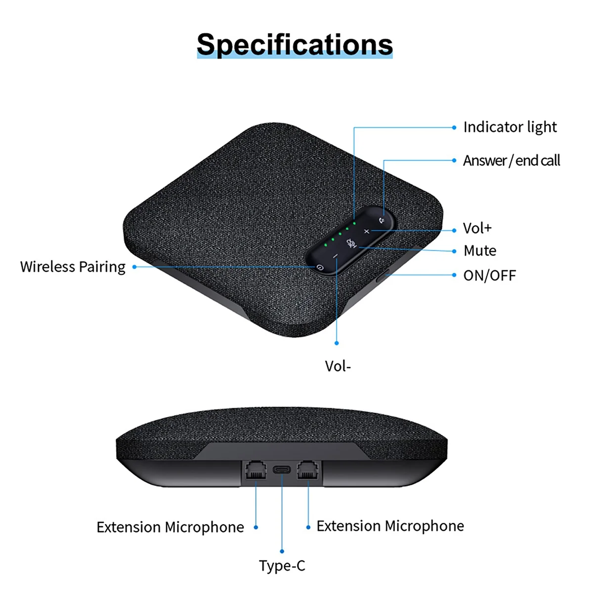 USB Wireless Video Conference Speakerphone Built-In 4 Microphones Hi-Fi Speaker 2 Extension Mic 360° Voice Pickup Noise