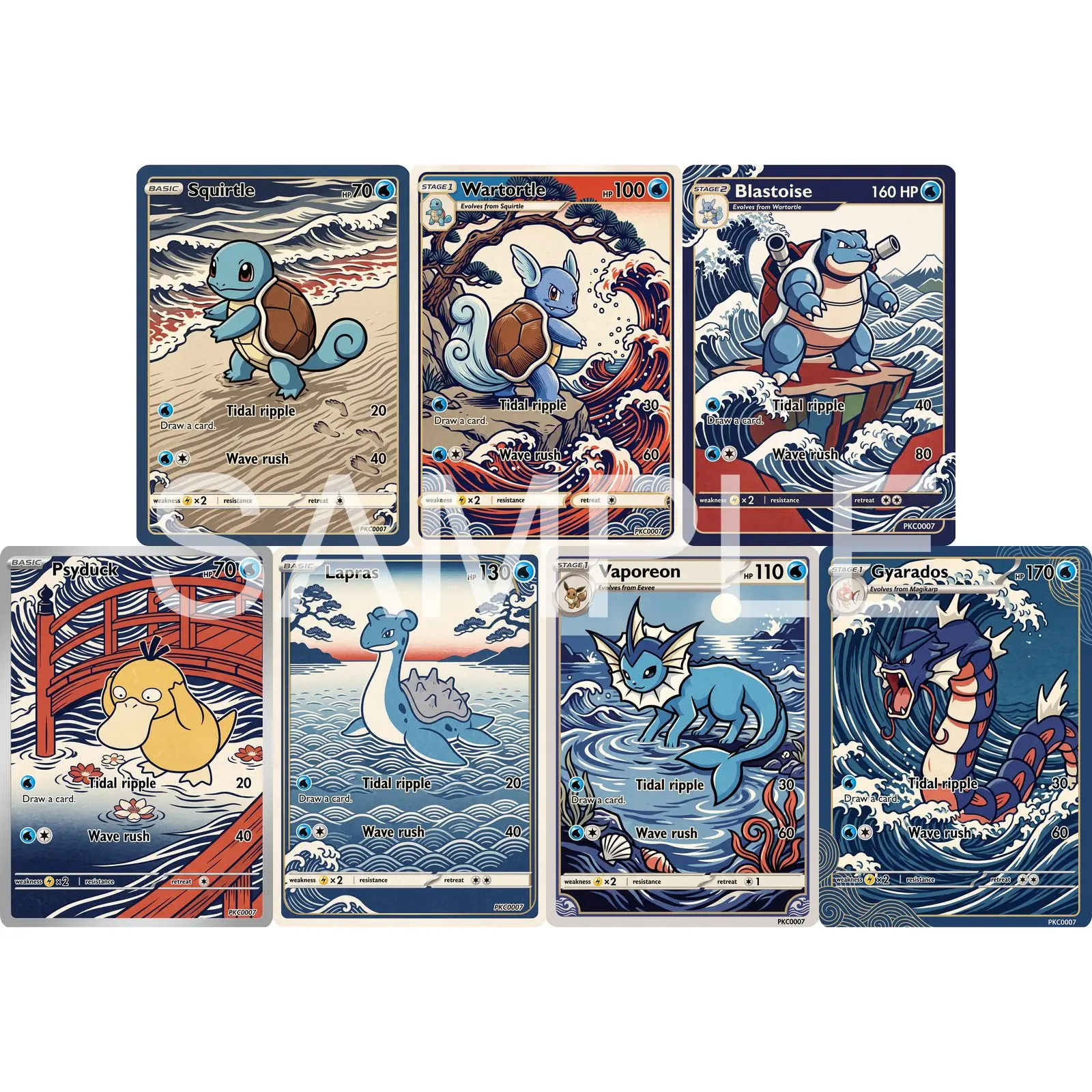 7Pcs PKM Cards PTCG Woodblock Style Squirtle Wartortle Blastoise Psyduck Lapras Vaporeon Gyarados Art Set Cards PTCG Gift