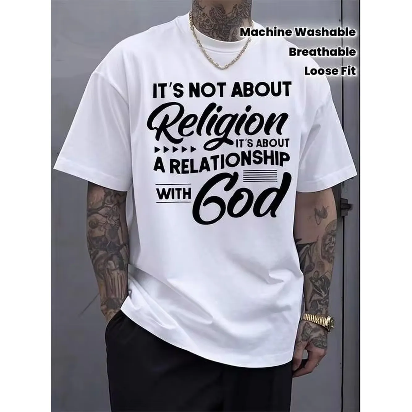 Men's Loose Fit Cotton T-Shirt With Short Sleeve - Breathable Round Neck Casual Summer & Casual Attire, Machine Washable Geometric Print Top, Loose Fit For Year-Round (Office, Outdoors, Social Events) - In Stock, Casual Style
