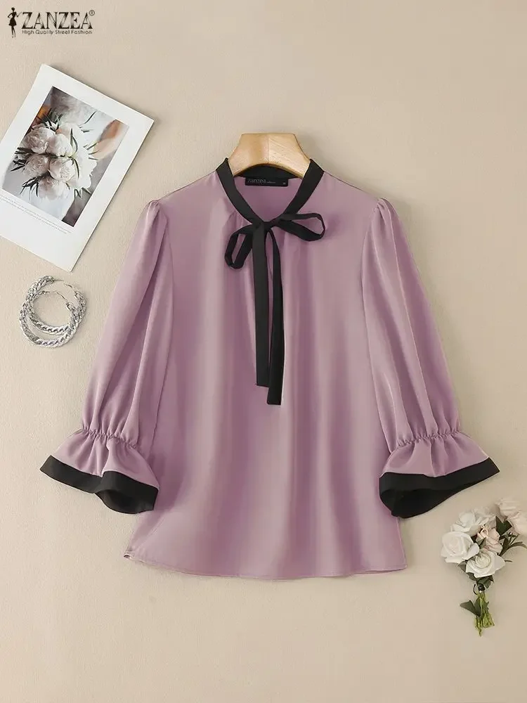 ZANZEA 우아한 여성 OL 작업 블라우스 여름 오피스 셔츠 세련된 튜닉 3/4 러플 슬리브 패치워크 블라우스 캐주얼 레이스업 탑