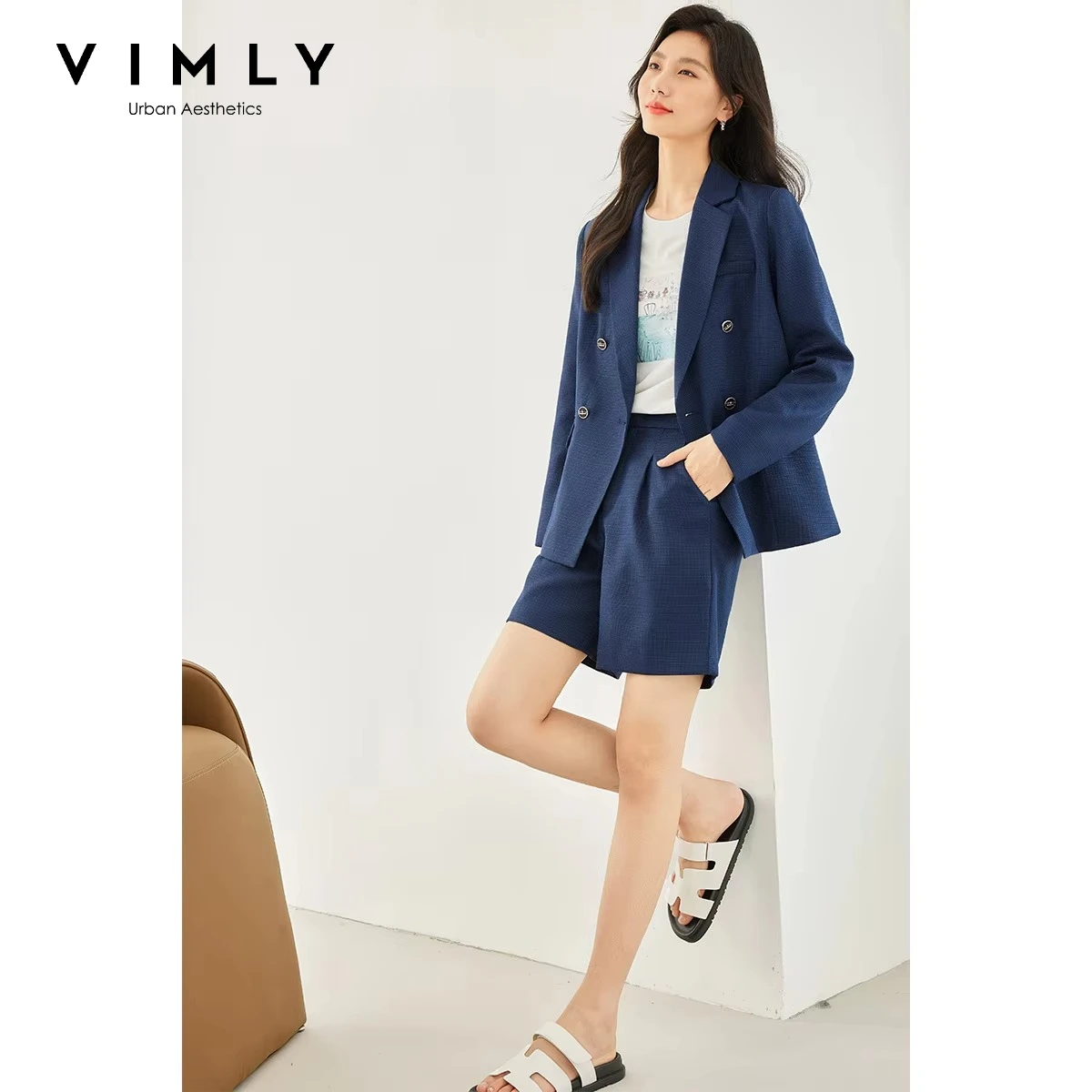 VIMLY Navy Blazer Shorts Two-piece Set Women Office Lady Fashion Long Sleeve Loose-fit Blazers Coat Straight Short Pants V8129