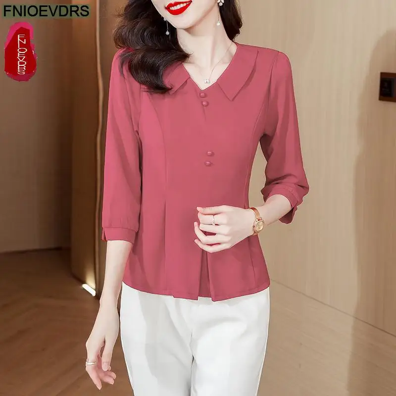 5 Colors Hot Women 2023 Elegant Office Lady Casual Solid Basic Button Shirts Purple Red Peplum Peter Pan Collar Tops Blouses